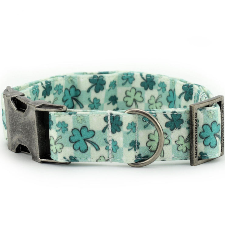 Checked Shamrock Dog Collar ~ St Patrick's Day Cotton Fabric Fashion Dog Collar ~ Antique Silver Metal Hardware ~ Sandy Paws Collar Co®