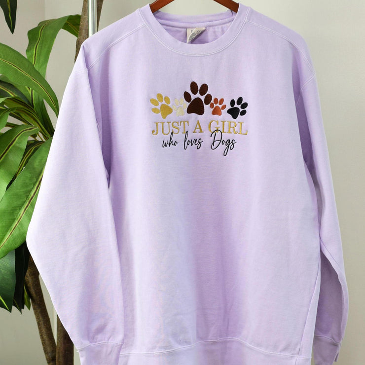 Just a Girl Who Loves Dogs Embroidered Sweatshirt ~ Comfort Colors Embroidered Crewneck ~ Dog Embroidered Crewneck ~Sandy Paws Collar Co®