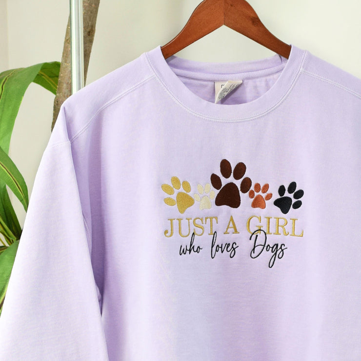 Just a Girl Who Loves Dogs Embroidered Sweatshirt ~ Comfort Colors Embroidered Crewneck ~ Dog Embroidered Crewneck ~Sandy Paws Collar Co®