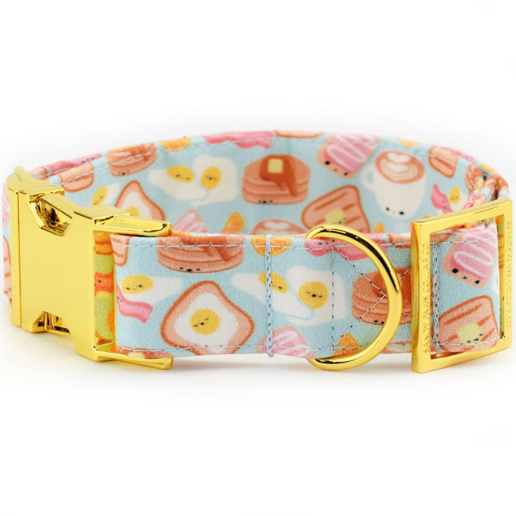 Breakfast Club Dog Collar ~ Pancake Print Dog Collar ~ Breakfast Food Fabric Dog Collar ~ Yellow Gold Metal Hardware ~ Sandy Paws Collar Co®