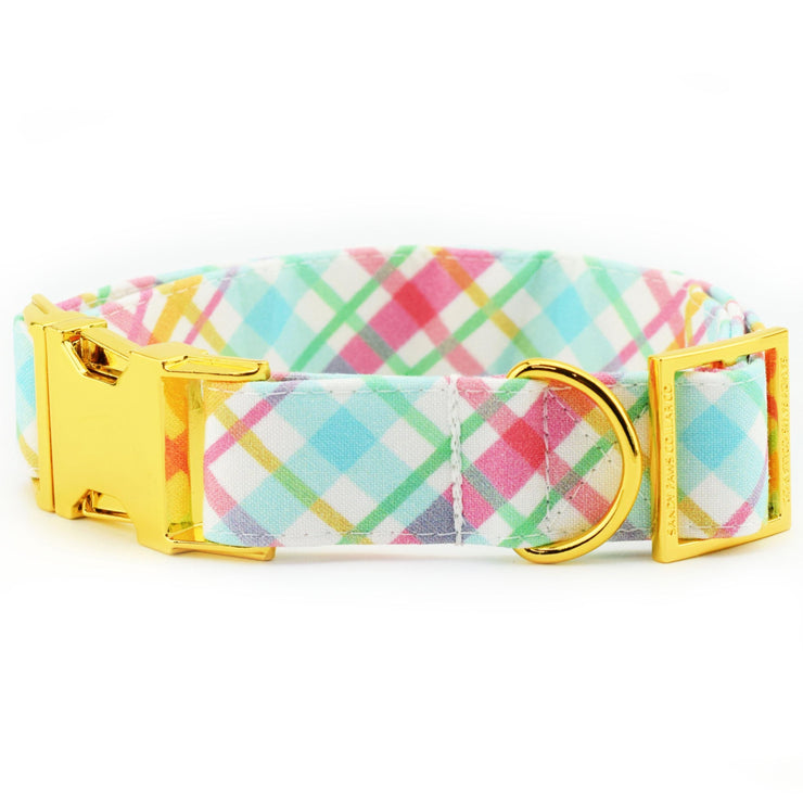 Easter Plaid 2.0 Dog Collar ~ Spring Floral Fabric Dog Collar ~ Custom Engraved Dog Collar ~ Yellow Gold Hardware ~ Sandy Paws Collar Co®